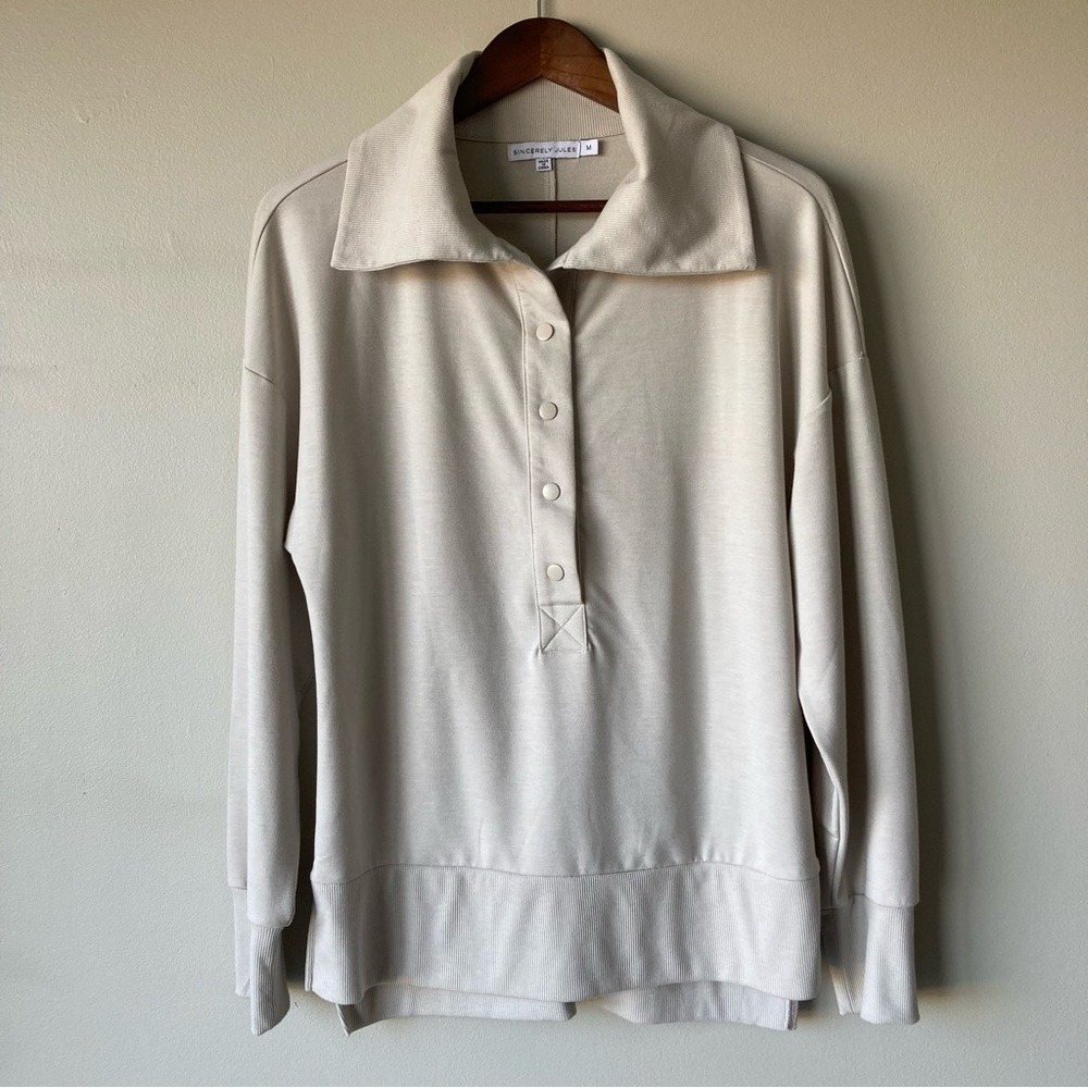 Sincerely Jules Cream Collared Button Pullover Sweatshirt Neutral Tan M